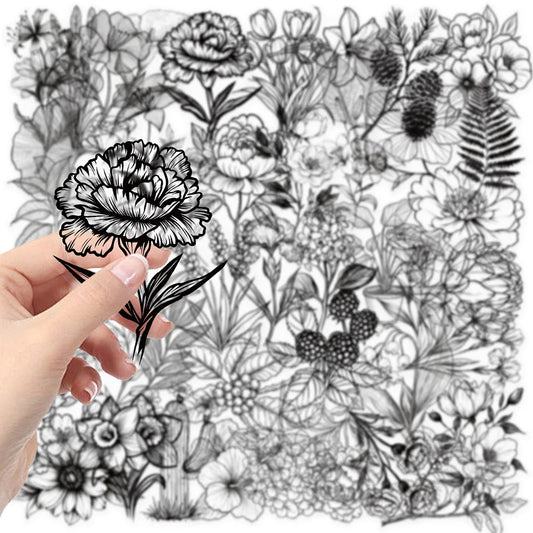 10/50Pcs Transparent Vintage Flower Graffiti Stickers Black And White Decal Notebook Luggage Helmet Phone Case Clear Sticker