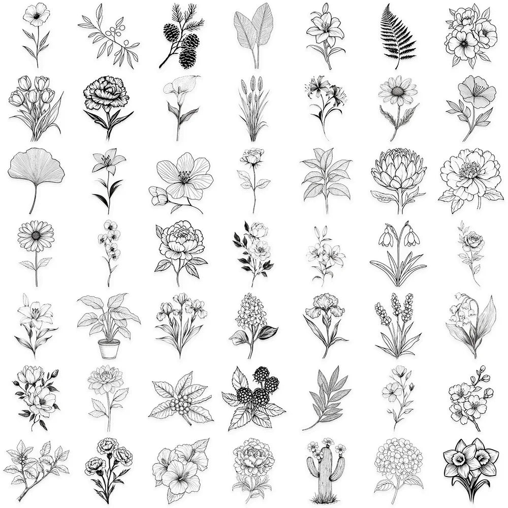 10/50Pcs Transparent Vintage Flower Graffiti Stickers Black And White Decal Notebook Luggage Helmet Phone Case Clear Sticker