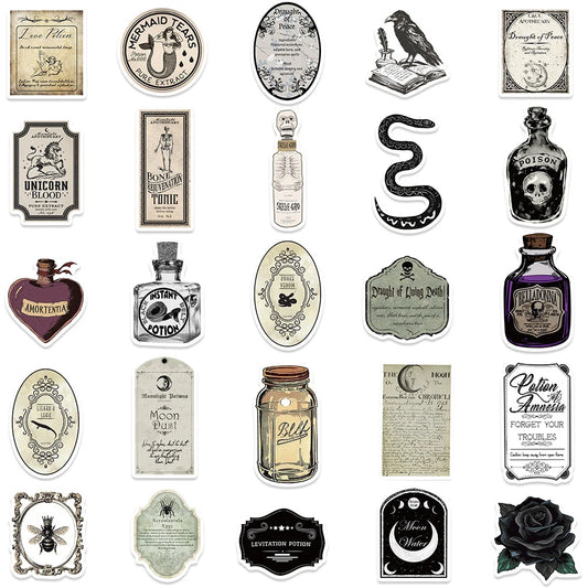 10/30/50pcs Vintage Magic Potion Label Halloween Stickers Retro Horror Gothic Witch Decals Sticker for Phone Skateboard Suitcase