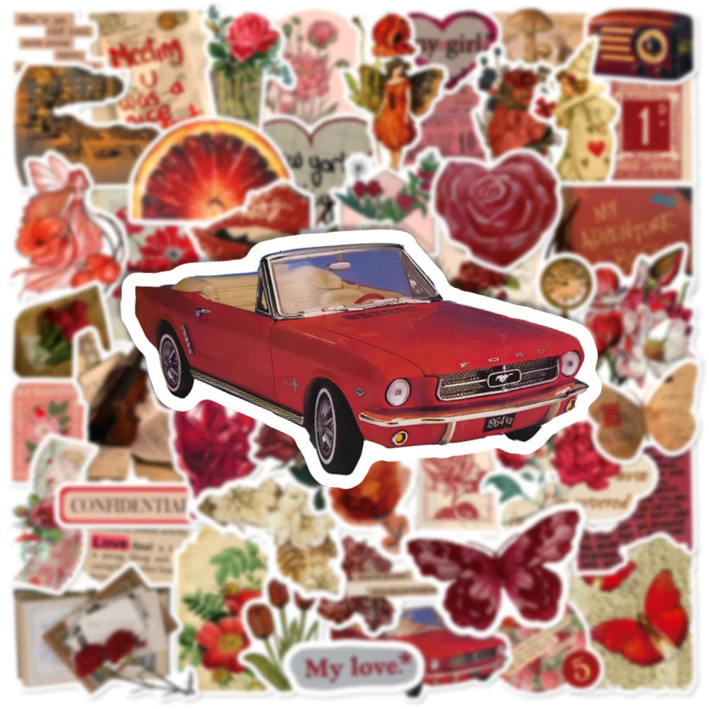 10/30/50pcs Vintage Red Art  Stickers Rose Graffiti Decals