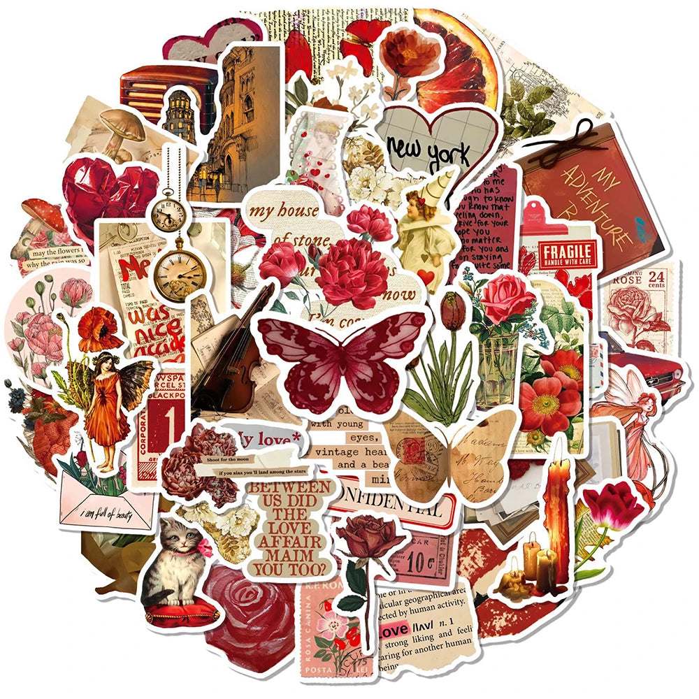 10/30/50pcs Vintage Red Art  Stickers Rose Graffiti Decals