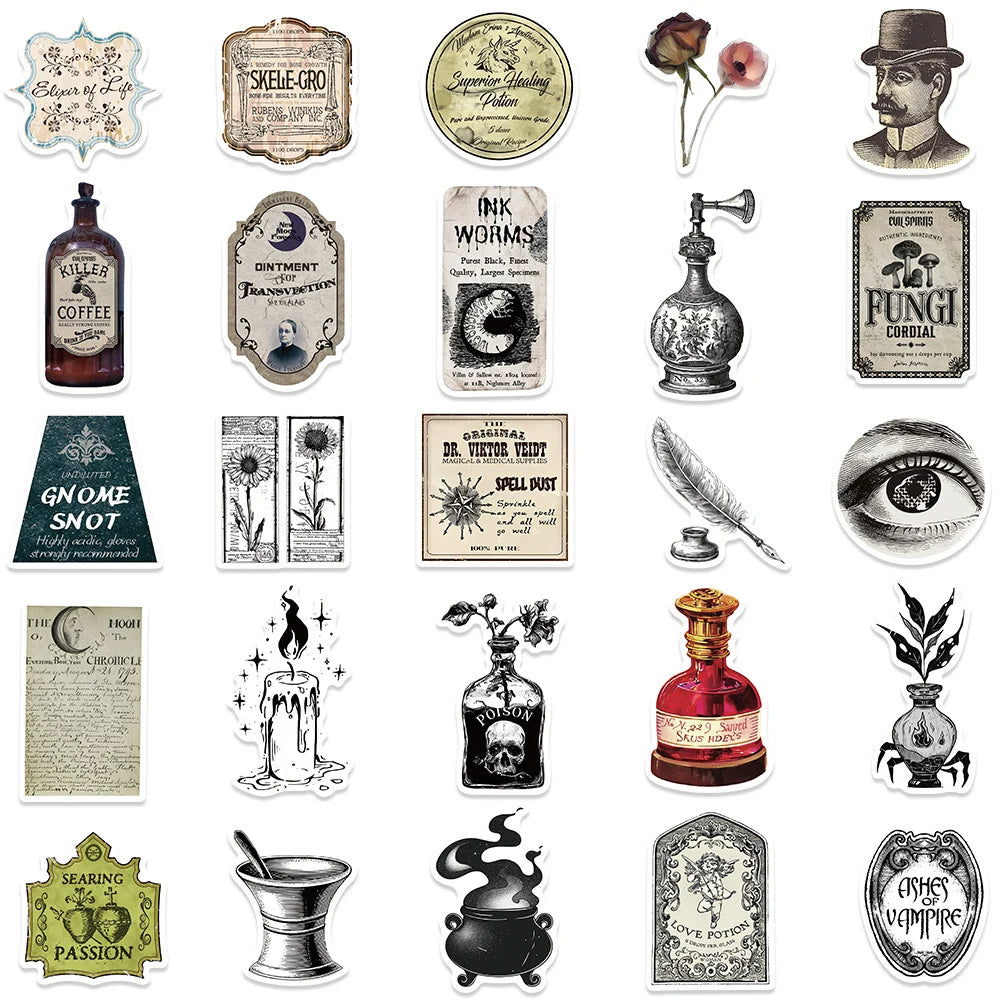 10/30/50pcs Vintage Magic Potion Label Halloween Stickers Retro Horror Gothic Witch Decals Sticker for Phone Skateboard Suitcase