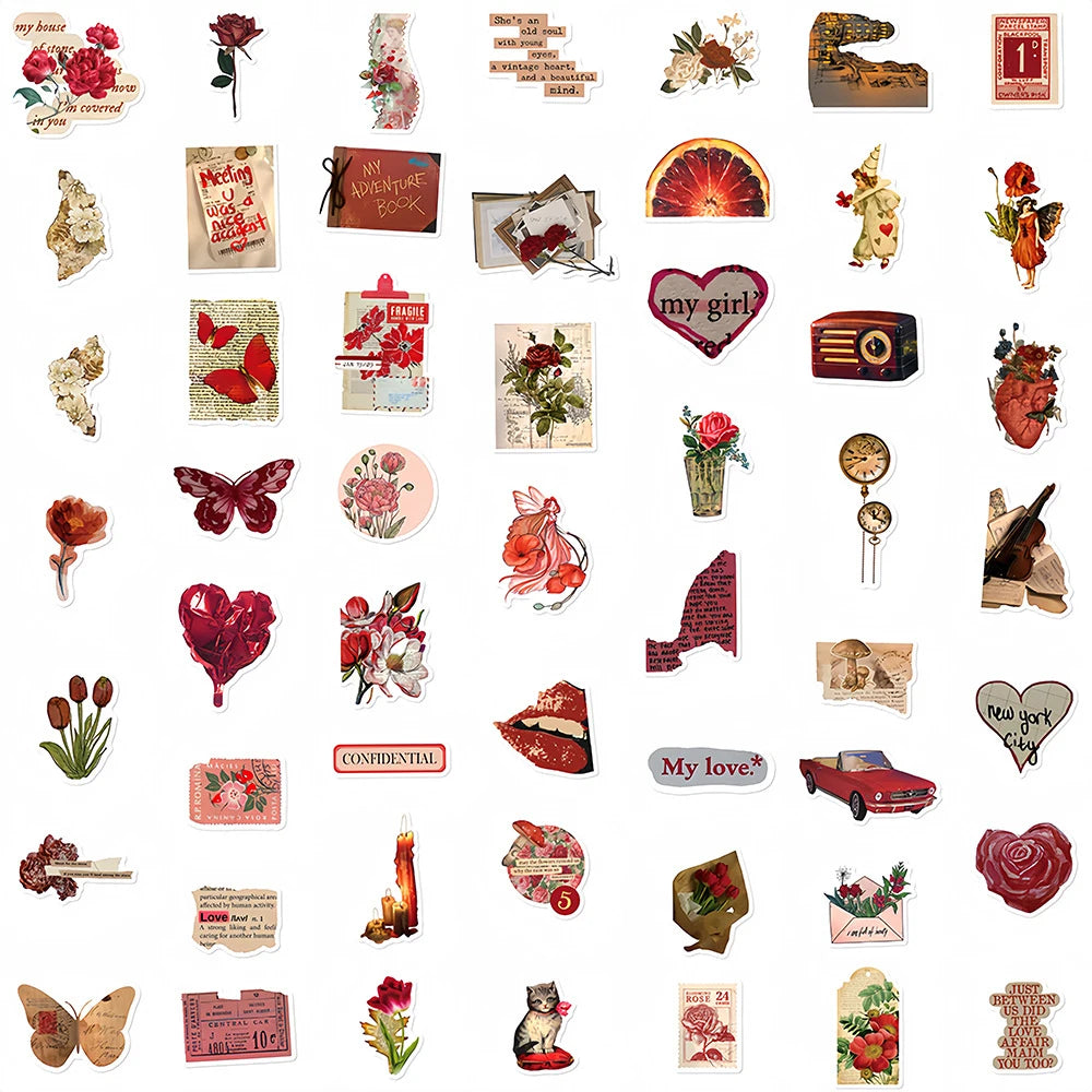10/30/50pcs Vintage Red Art  Stickers Rose Graffiti Decals