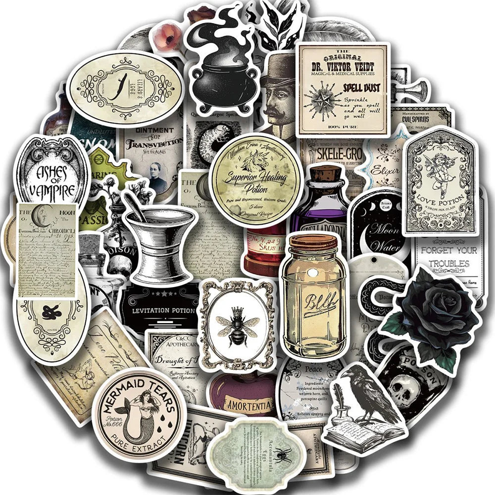 10/30/50pcs Vintage Magic Potion Label Halloween Stickers Retro Horror Gothic Witch Decals Sticker for Phone Skateboard Suitcase