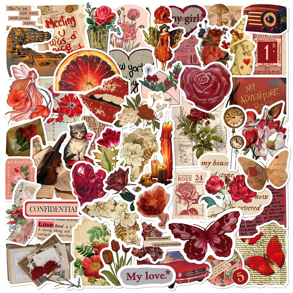 10/30/50pcs Vintage Red Art  Stickers Rose Graffiti Decals