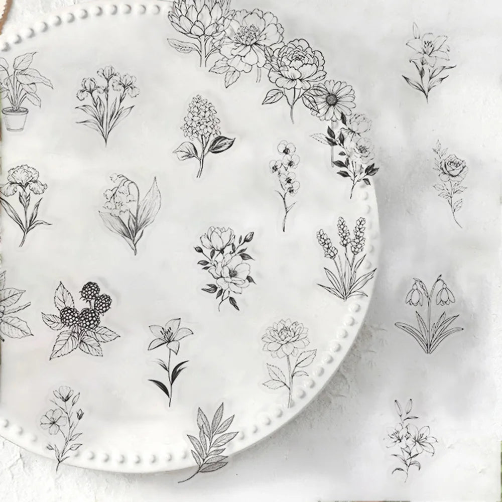 10/50Pcs Transparent Vintage Flower Graffiti Stickers Black And White Decal Notebook Luggage Helmet Phone Case Clear Sticker